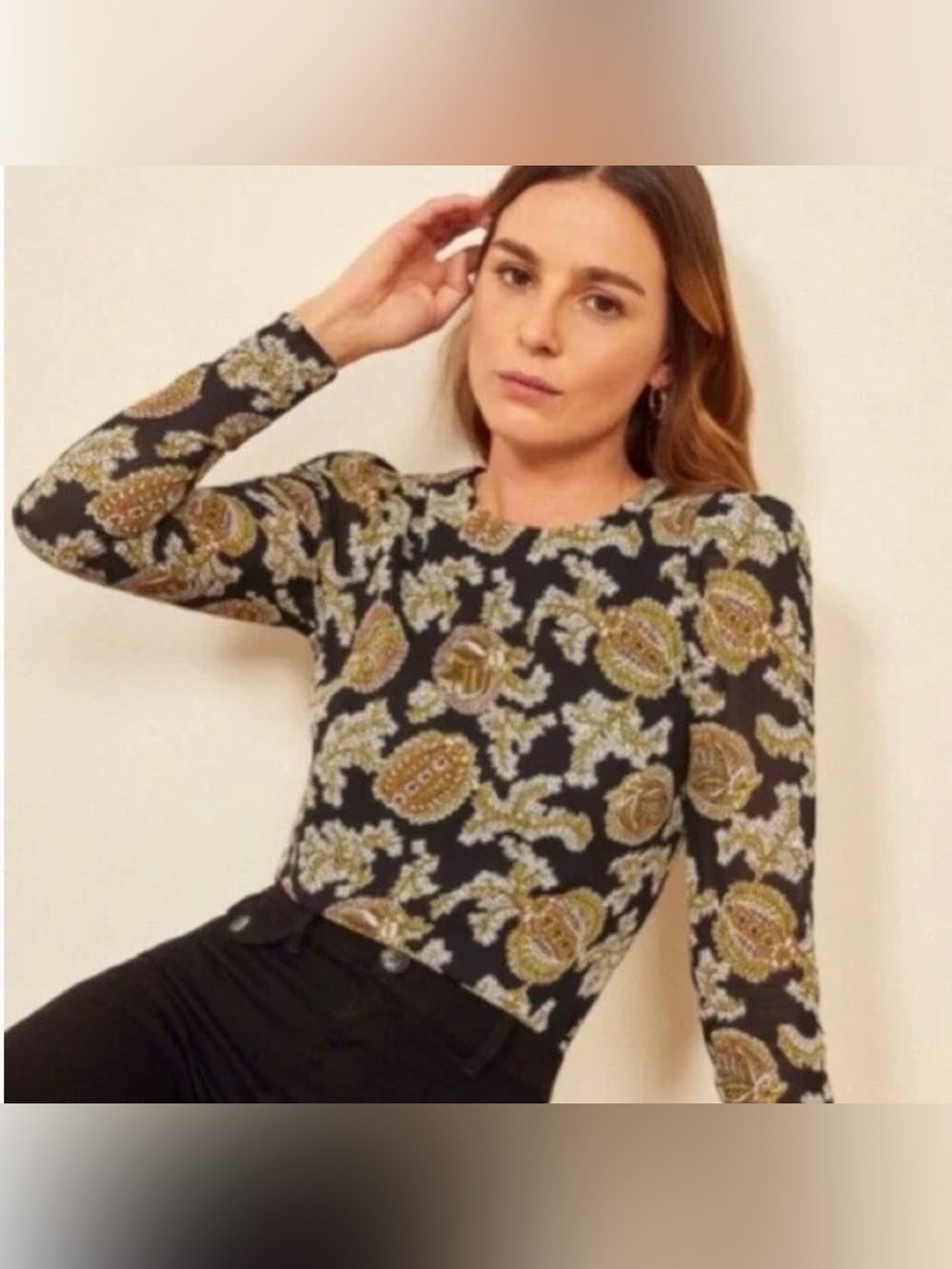 Reformation Talia Blouse Top Black Floral Leaf Print Sheer Sleeves Size Small